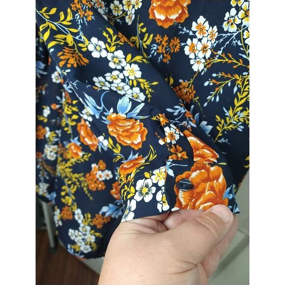 Simply Emma Woman 2X Blouse Blue Orange Floral Roll Tab Collared Button Front - Picture 4 of 10
